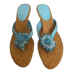 Fioni Blue Aqua Thong Sandal Heels With Flower Detail Size 6W